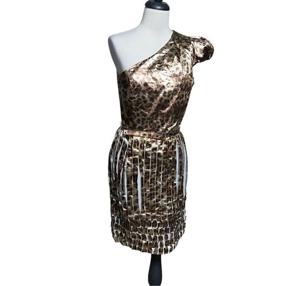 ST. JOHN Couture NWT Leopard Print One Shoulder Metallic Cocktail Dress Size 6 - Picture 1 of 14